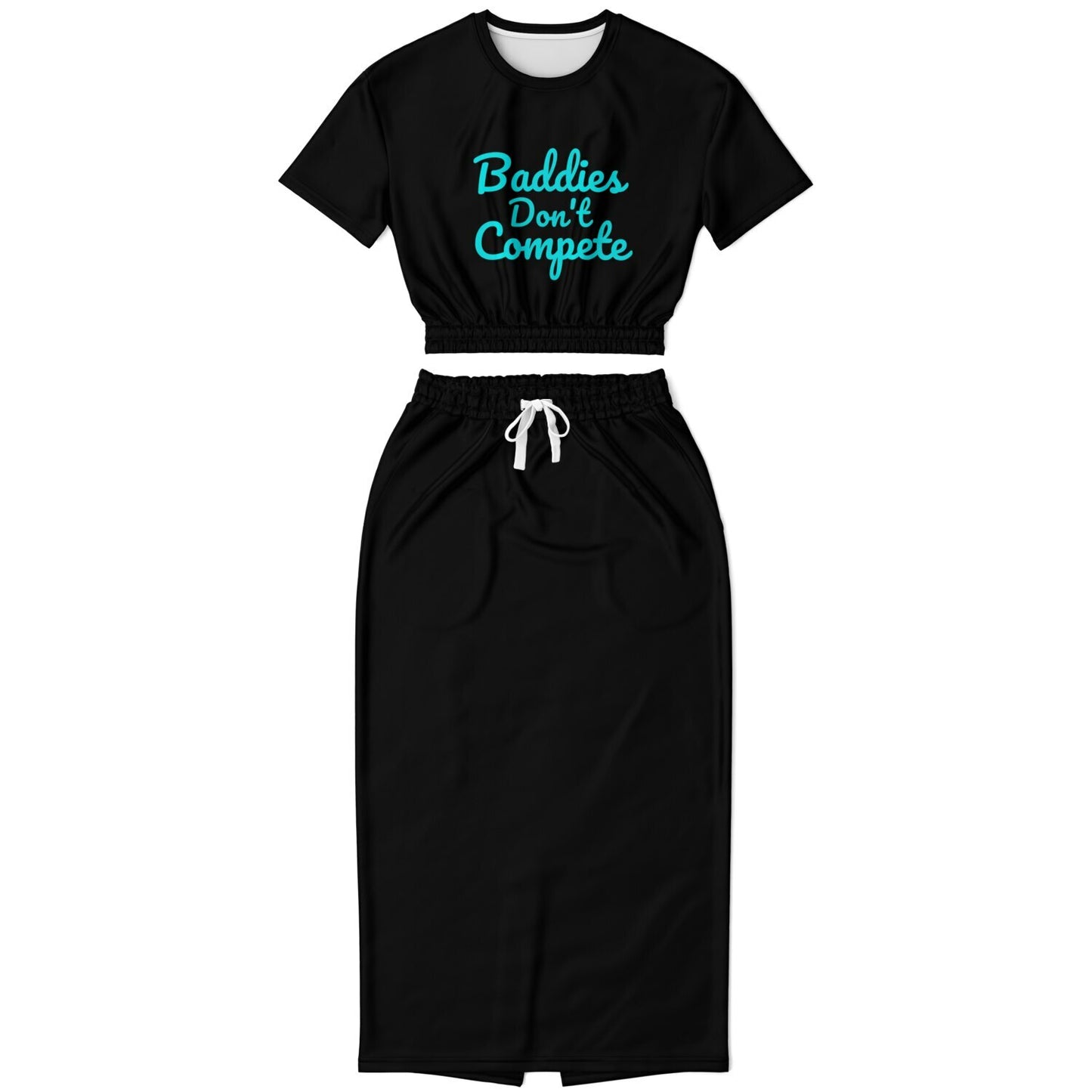 Baddies Don't Compete Cropped Short Sleeve Sweatshirt and Long Pocket Skirt Set