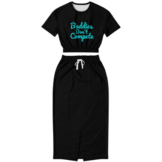 Baddies Don't Compete Cropped Short Sleeve Sweatshirt and Long Pocket Skirt Set