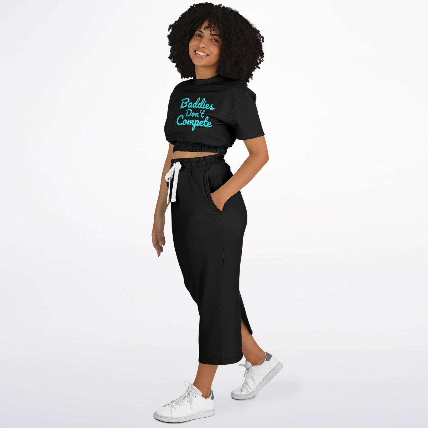 Baddies Don't Compete Cropped Short Sleeve Sweatshirt and Long Pocket Skirt Set